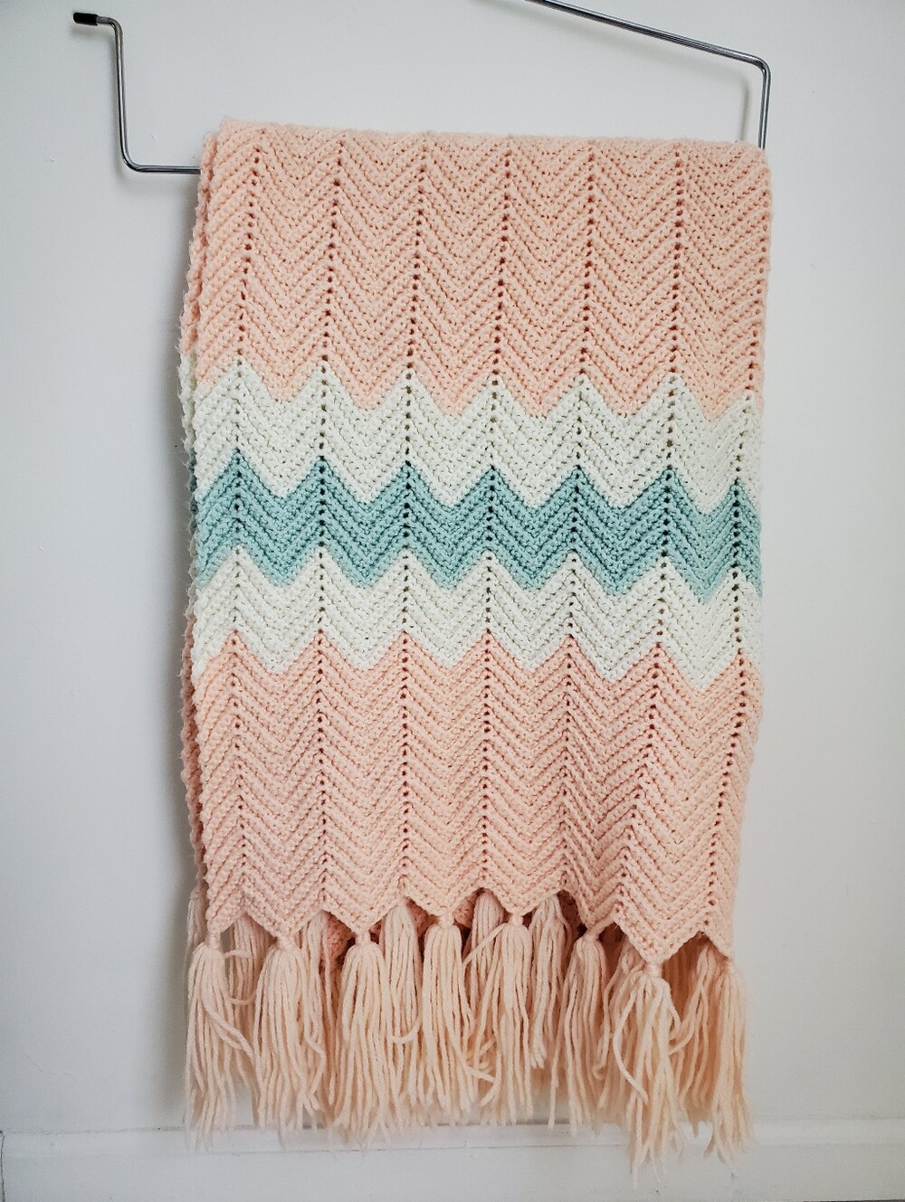 Peachy Coral & Seafoam Chevron Stripe Crochet Throw Blanket With Tassels